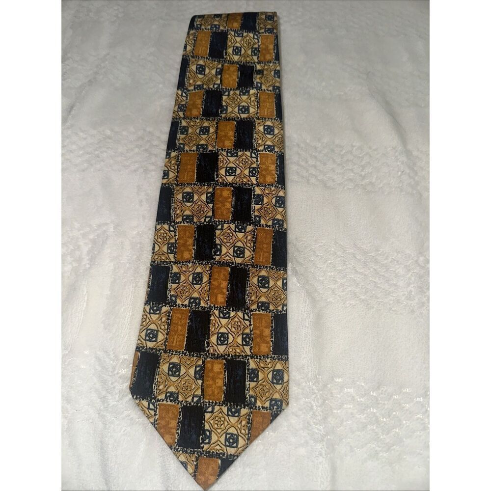 Via Condotti 100% Silk Dress Tie Made in Italy Navy/mustard